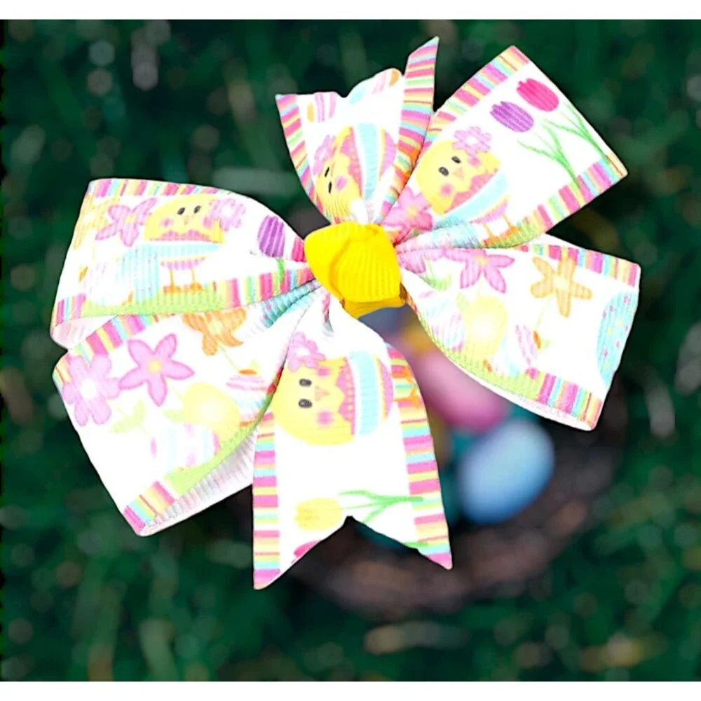 Girl’s PINK White YELLOW Easter HAIR BOW Clip Eggs & Flowers